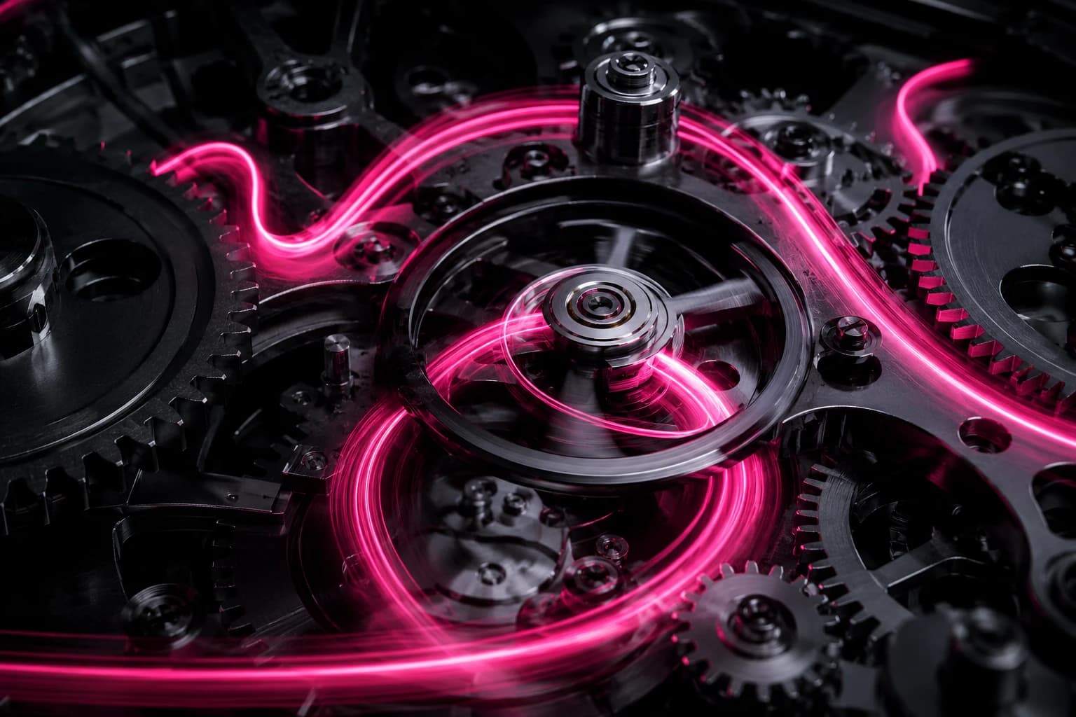 Precision gears turning, traced by a ribbon of pink light