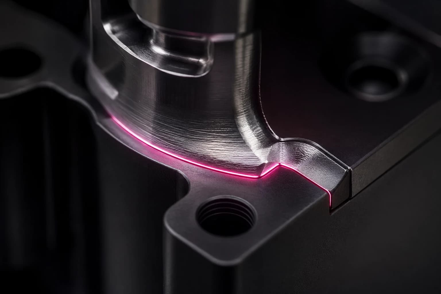 A precision-machined metal part with a hairline of pink light along the join